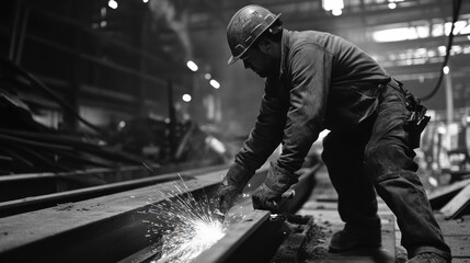Construction worker cutting an iron beam . sparks flying