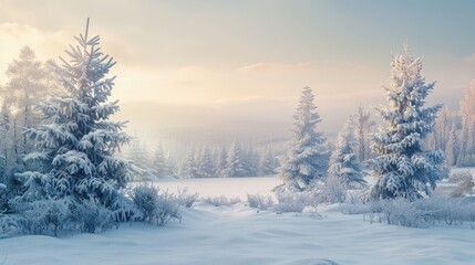 Serene christmas tree lot covered in fresh snow with a beautiful winter landscape in the background