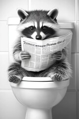 Raccoon reading newspaper on toilet	