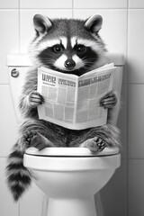 Raccoon reading newspaper on toilet	