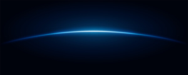 Blue neon light lines curve on dark background, Abstract pattern, Circle border laser design. Horizontal sun rays at edge world in space. Glowing flashes  stripes, Sparks moving speed lines. © 100yDesign