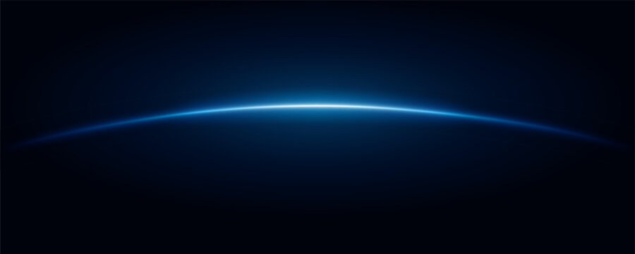 Blue neon light lines curve on dark background, Abstract pattern, Circle border laser design. Horizontal sun rays at edge world in space. Glowing flashes  stripes, Sparks moving speed lines.