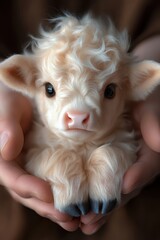 Fluffy calf cradled in hands	