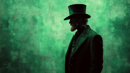 A man in a top hat and vintage outfit stands against a textured green background in profile. Concept of mystery and vintage style. For photo of fashion concepts