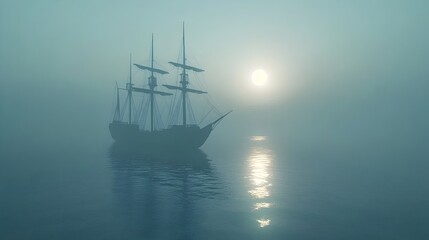 Fototapeta premium ghost ship in the sea at sunrise with early morning mist still visible