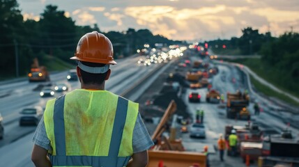 construction worker wearing vest and helmet for safety . working on a high-speed highway construction site