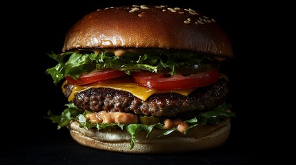 Juicy cheeseburger with lettuce, tomato, and sauce on a sesame seed bun.