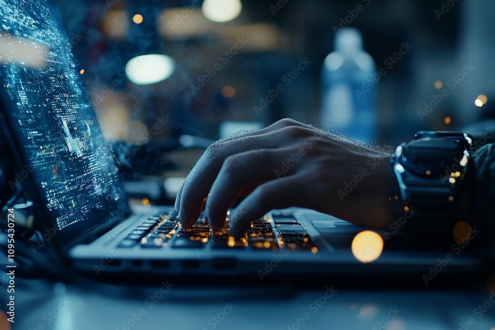 Poster a person types on a laptop keyboard, with a glowing screen displaying digital code. this conveys the