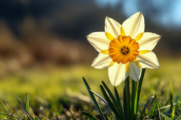 A single daffodil stands in a grassy field, brightly lit by sunlight. Concept of spring beauty and natural elegance. For nature greeting cards