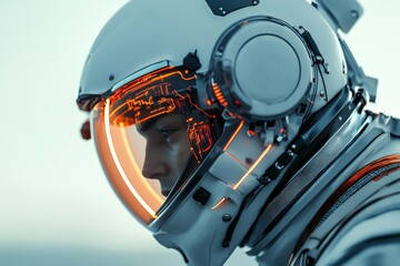 Fototapeta premium An astronaut's profile is captured, highlighting a futuristic helmet featuring intricate, illuminated circuitry. The setting evokes themes of exploration and advanced technology.