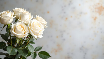 Obraz premium White roses in full bloom against a soft gray backdrop with golden accents with empty space for design
