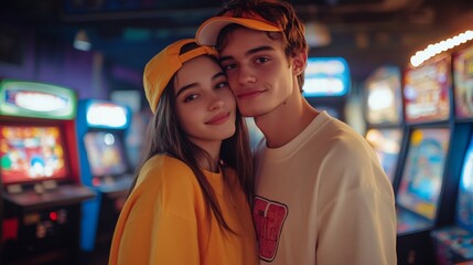 Couple embracing in arcade.