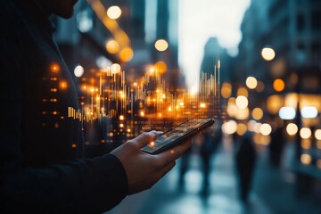 A person holding a smartphone with a digital data visualization overlay, symbolizing connectivity, communication, and technological advancement in a modern city.