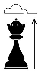 Chess king piece beside an upward arrow and a cloud. Ideal for themes of strategy, ambition, leadership, progress, decision-making, growth, planning. Line metaphor