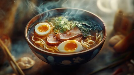 A bowl of steaming ramen with noodles pork eggs and seaweed.