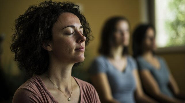 The serene expression of a volunteer teaching meditation techniques to survivors of domestic violence, Illustrating healing and empowerment through mindfulness, photography style