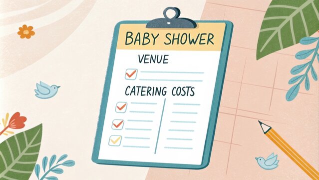 A filledout checklist on a clipboard featuring tasks and budgets for a baby shower with highlighted sections for venue and catering costs.