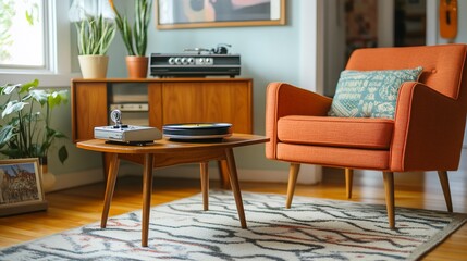 Mid-century modern living room with record player, armchair, and plants.