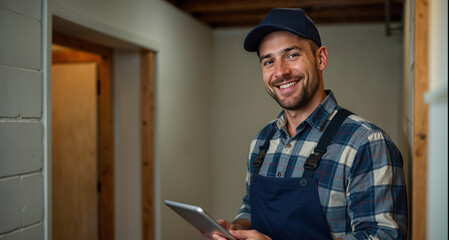 Happy homeowner plumber, HVAC technician, man using a mobile phone in a basement by water heater, burner, duct work. DIY repair or install, happy with work done, quote