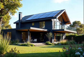 Modern home with solar panels. Green living an in eco smart house. Reducing carbon footprint and  living off grid with battery powered solar storage 