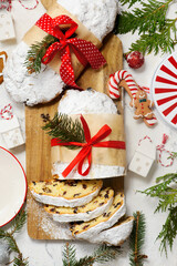 Christmas curd stollen on a Christmas rustic background
