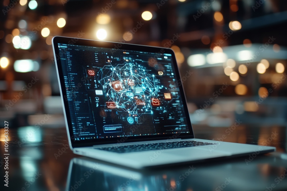 Poster a laptop screen displaying a complex digital network visual, representing connectivity and the intri