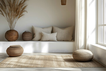 A minimalist and clean design with neutral tones like beige white and soft grey The composition features geometric shapes with clean lines ample negative space and a sim
