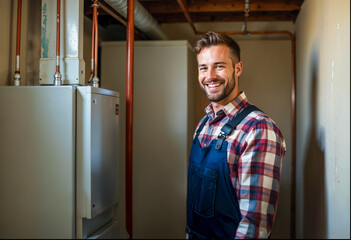 Happy homeowner plumber, HVAC technician in a basement by water heater, burner, duct work. DIY repair or install, happy with work done, quote
