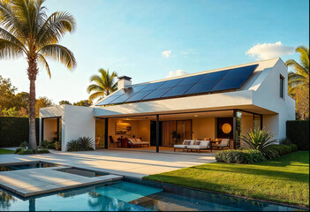 Fototapeta premium Modern home with solar panels, energy efficient savings. Solar photovoltaic panels on a house roof. Pool, palm trees, luxury, Malibu. 