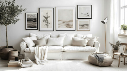create a beautiful scandi modern inspired white living room in shades of off white cream neutrals wood natural fabrics with a sofa plants floor lamp cushions etc The so