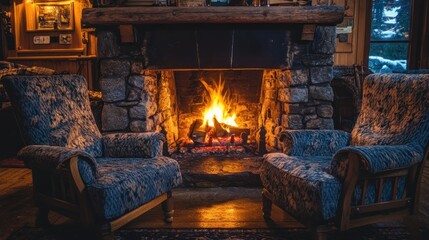 Two Armchairs Flanking a Cozy Fireplace in a Rustic Cabin