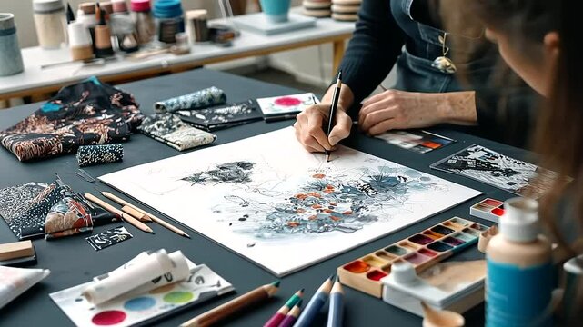 Designer Hand Sketching Garment with Pencils and Fabric Swatches