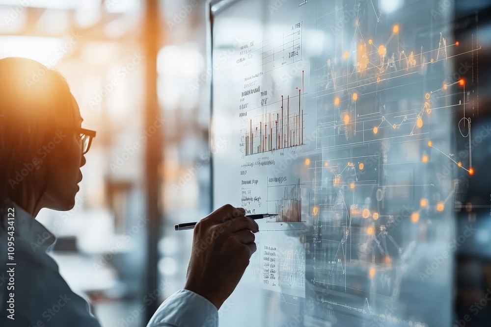 Poster a scientist writes detailed analytical data on a futuristic transparent board, signifying progress a