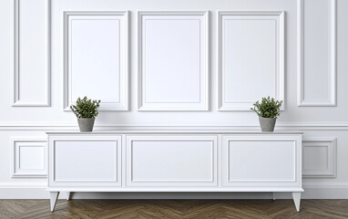 Minimalist white dresser with empty frames and potted plants, creating serene and elegant atmosphere in modern interior space