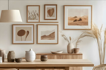 A photo of an elegant and minimalist wall art display in the dining room featuring framed posters on light wood frames arranged above a wooden table In the style of Sca
