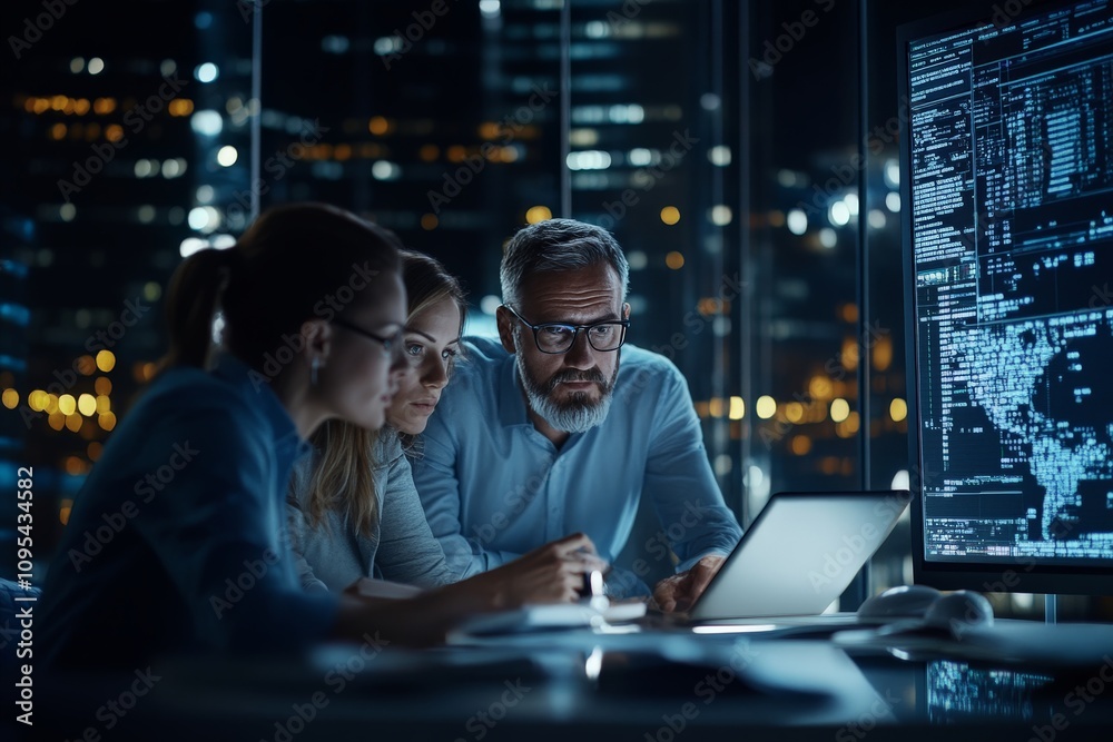 Poster a group of three professionals scrutinize data displayed on computers within a contemporary office a