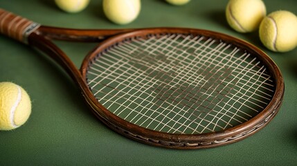 Vintage wooden tennis racket with yellow balls on green background.