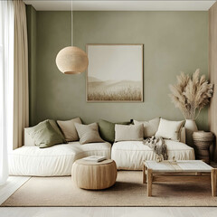 aesthetic living room in beige sage green white and wooden colors
