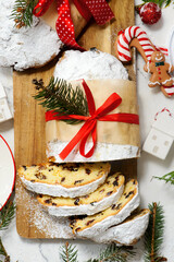 Christmas curd stollen on a Christmas rustic background