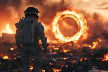 Naklejka premium An astronaut in a rugged suit stands amidst a fiery landscape, staring at a burning ring, evoking a sense of adventure, exploration, and otherworldly wonder.