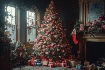 Fototapeta premium Pink flowers and fairy lights decorating christmas tree in a luxury living room with presents under the tree
