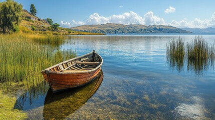 Obraz premium A red rowboat sits on calm water near a wooden dock.