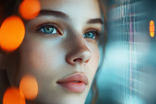 Close-up of a young woman with reflective, futuristic surroundings, her eyes gazing intently, suggesting contemplation and introspection with digital aesthetics in focus.