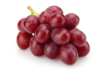 A cluster of juicy crimson seedless grapes, glistening with a fresh sheen, stands out vividly against the stark simplicity of a clean white background, emphasizing their luscious texture & rich color