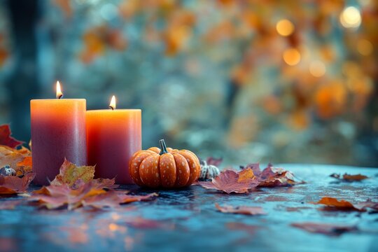 Two lit candles and a miniature pumpkin sit amidst fall leaves, evoking a cozy autumnal ambiance