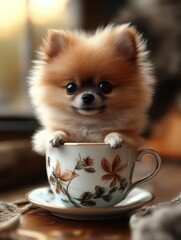 Obraz premium Pomeranian puppy in a floral teacup 