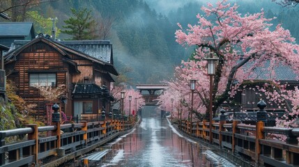 A serene pathway lined with cherry blossoms and traditional wooden buildings in misty mountains.