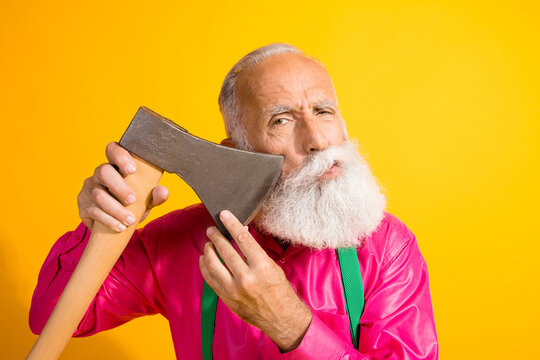 Photo portrait of fashionable old gentleman cut mustache axe wear glamour garment suspenders isolated bright yellow color background