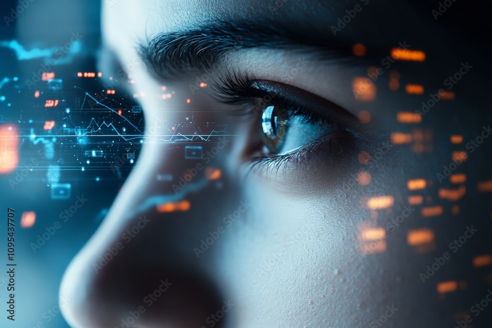 Poster a close-up image of an eye with digital data and graphs reflected on the iris, symbolizing insight a