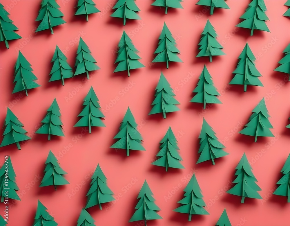 Wall mural minimal composition pattern background of green christmas trees on pastel red. new year concept.
